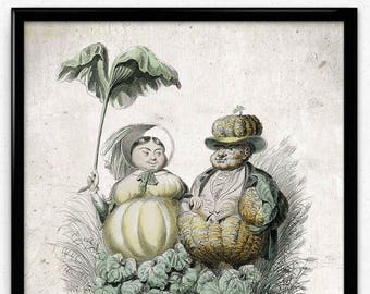 Kitchen Humor Vintage Print 5 - Pumpkin People - Vegetables Poster - Vegetables Art - Kitchen Decor - Kitchen Art - Botanical Art - Varin