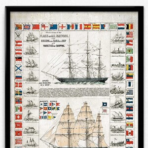 Sailing Ships and Flags Vintage Print - Ships Poster - Ship Sailing Art - Office Decor - Office Art - Home Decor - Nautical Science