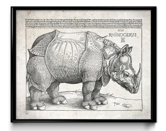 Albrecht Dürer Rhinoceros Vintage Print 2 - Indian Animal Poster - African Safari Art - Rhino Picture - Home Decor - Classroom - VP1278