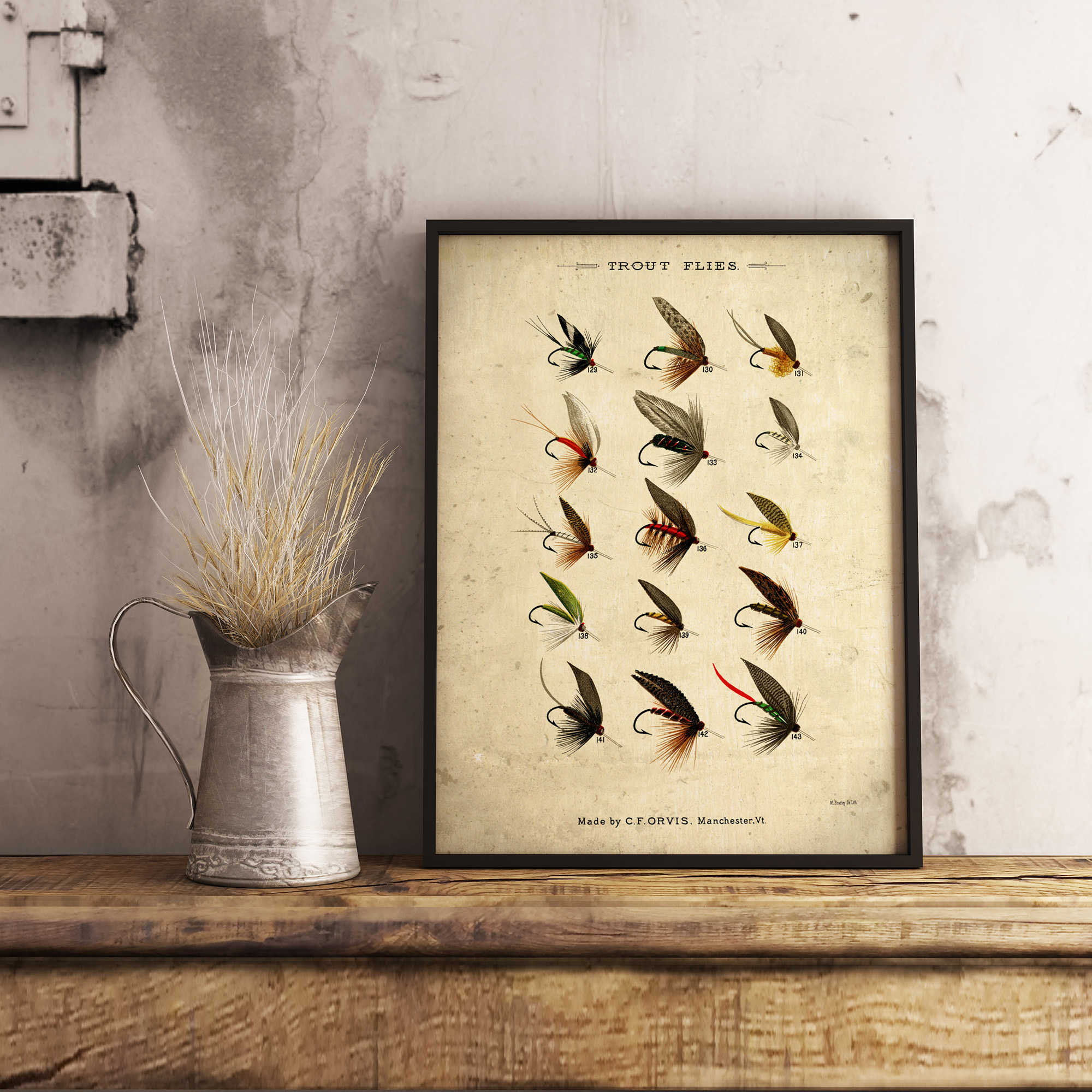 Trout Fly Fishing Flies Hooks Illustration Vintage Fishing Wall