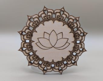 Imán de mandala de madera cortado con láser: Flor de loto, regalo espiritual