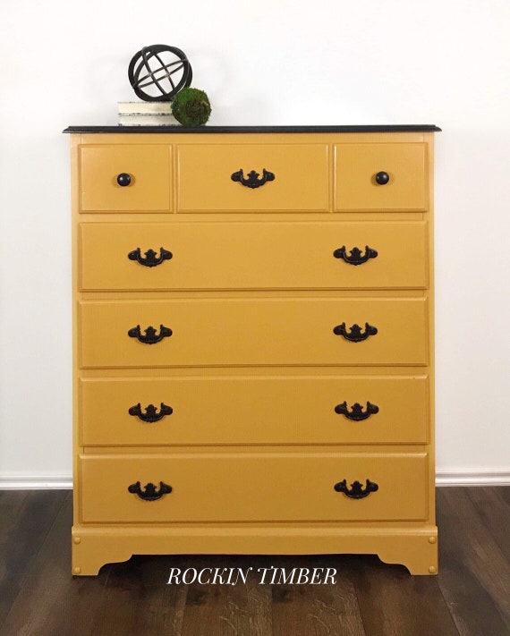 Sold5 Drawer Mustard Yellow Black Wood Refinished Etsy