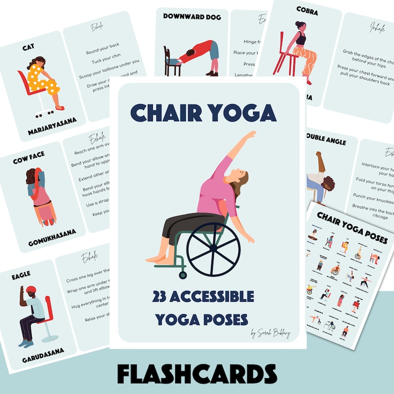 May include: A set of 23 colorful flashcards featuring accessible yoga poses for people using wheelchairs. The cards are illustrated with people in wheelchairs performing different yoga poses. The text on the cards includes the name of the pose, instructions, and the phrase "23 Accessible Yoga Poses".