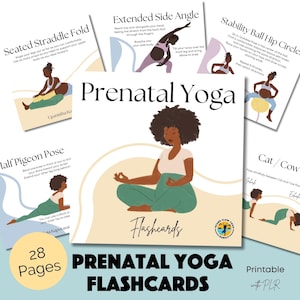 Puede incluir: Un conjunto de 28 tarjetas de yoga prenatal imprimibles que muestran ilustraciones de diferentes posturas. Las tarjetas están diseñadas con un fondo marrón claro y presentan una ilustración verde y negra de una mujer en una postura de meditación sentada. El texto "Prenatal Yoga Flashcards" se muestra en letras grandes y negritas en la parte inferior de la imagen.