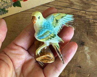 Kelvins Vintage Budgie Parakeet Figurine, Bone China, Made in Japan, Blue Yellow Bird Miniature, Original Sticker, Spread Wings on Branch