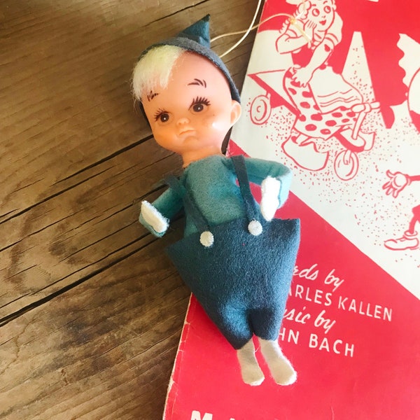 Vintage Blue Felt Pixie Elf Ornament, Christmas Decoration, Made in Japan, Rubber Face Doll, Blonde Hair Overalls, Retro Mid Century Holiday