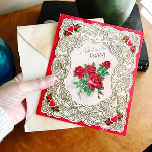 Grande carte de voeux de Saint-Valentin vintage de 7 pouces, chérie miel, coeurs roses en relief en filigrane, décoration de la Saint-Valentin, voeux américain