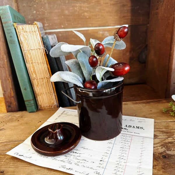 Dark Brown Stoneware Pottery Crock with Lid, Metal Wire Bail Closure,  5.75" Tall, Butter Cheese Kitchen Jar Canister, Modern Farmhouse