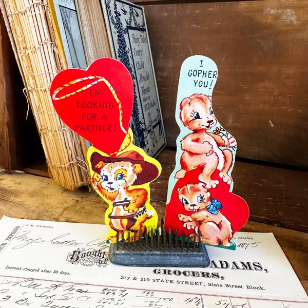 Set of 2, Vintage 1950's Die Cut Valentine's Day Heart Cards, Gophers & Cowboy Puppy Dog, NOS Unsigned, Kitsch Cute Animals Retro Nostalgic