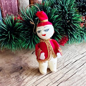 Styrofoam Snowman Hanging Tree Ornament, Retro MCM Vintage Christmas, Red Felt Jacket Hat Gold Tassel Trim, Foam Christmas Decoration Japan