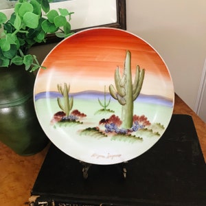 Vintage Arizona Souvenir Plate, Saguaro Cactus, 8" Hand Painted Porcelain, Vibrant Orange Sunset Desert Scene, Norcrest Made in Japan S-88