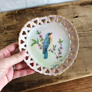 Vintage Hand Painted Blue Bird Plate, 1974 Artist Signed, Porcelain Ceramic Reticulated Hearts, Romantic Cottage Décor, Bird Wall Décor
