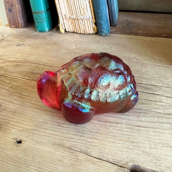 Robert Held Art Glass Turtle, 3" Vintage Paperweight, Pink Cranberry Rainbow Iridescent, Hand Made in Canada, Artist Signed, Sea Turtle