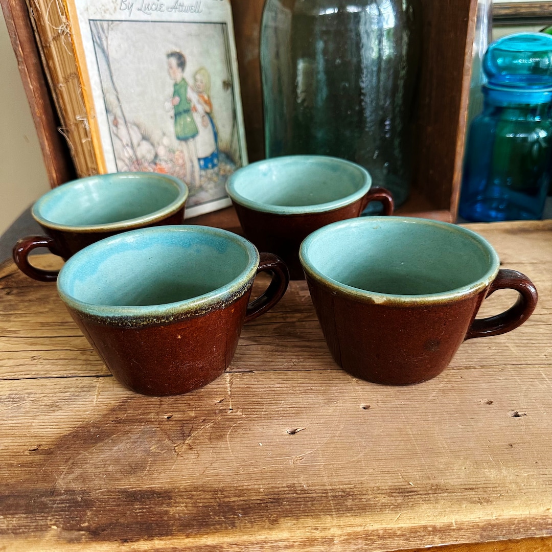 Set of 4, 1940's Zanesville Country Fare Pottery Coffee Tea Cup Mugs