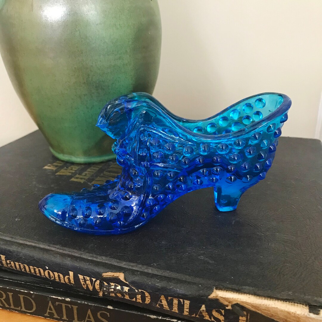Vintage Fenton Colonial Blue Hobnail Shoe Cat Head Art Glass Etsy