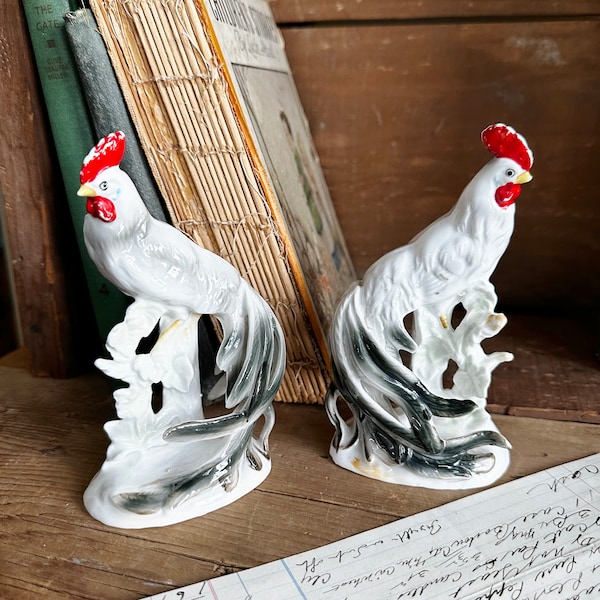 Set of 2 MCM Vintage Long Tail Rooster Figurines, Vintage 1950's Lipper and Mann, 5.75" Bone China Made in Japan, Red White Black Farmhouse