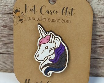 Laser Cut Wooden Hand-painted GENDERFLUID Unicorn Pin