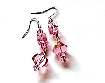 Vintage Pink Crystal Earrings w/ Swarovski Cube Beads