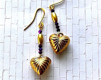 Gold Hearts with Purple Glass Earrings