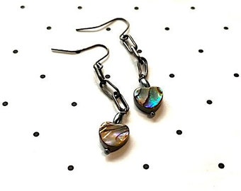 Abalone Shell Heart Earrings with Vintage Chain