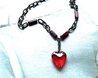 Red Glass Heart with Brass Necklace