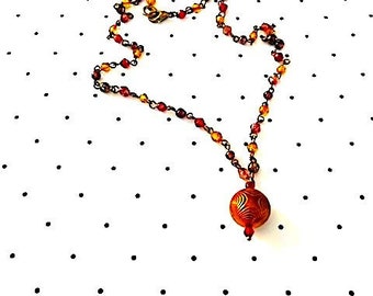 SALE! Vintage Etched Copper Bead with Colorful Glass Chain Necklace (was 42.00)