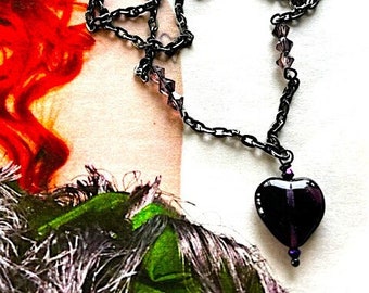Long Purple Glass Heart Necklace