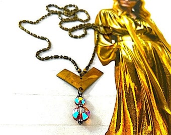 SALE! Vintage Long Brass and Glass Military Style Necklace (was 36.00)
