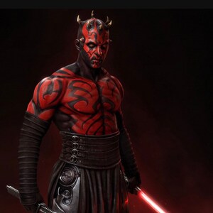 May include: A red and black figure with horns and a red lightsaber. The figure is wearing a black outfit with a red and black pattern.