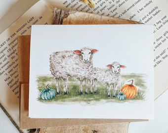 Sheep with Pumpkins Greeting Card