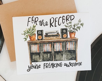 For The Record You're Freaking Awesome Card, Vinyl Greeting Card, Record Player Card, Vinyl Lover, Vinyl Junkie, Paper, Greeting Cards