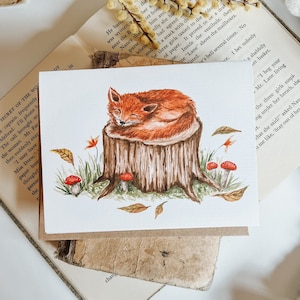 Carte de vœux Sleepy Fall Fox, Carte de vœux d’automne, Peinture de renard, Aquarelle de renard, Forêt d’aquarelle, Carte de vœux