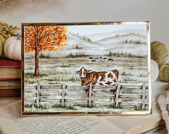 Cow in a Field Watercolor Print