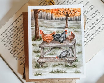 Huhn auf Picknick Grußkarte, Herbst Grußkarte, Kuschelige Herbst, Hühner, Herbst Landwirtschaft, Grußkarte