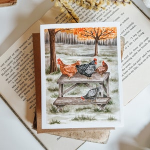 Poulets sur une carte de vœux de pique-, carte de vœux d’automne, automne confortable, poulets, agriculture d’automne, carte de vœux