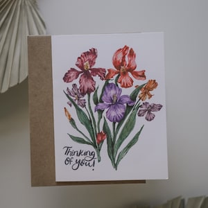 Denk aan je Iris aquarel kaart, irisbloem, Iris illustratie, alledaagse kaart, iris aquarel, wenskaarten, papier