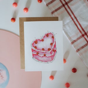 Heart Shaped Cherry Cake Valentine Card, Galentine, Galentines Day, Valentine, Valentine's Day, Greeting Card, Paper image 1