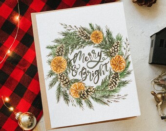 Merry and Bright Card, Christmas Greeting Card, Holiday Card, Holiday Greeting Card, Christmas Wreath, Paper