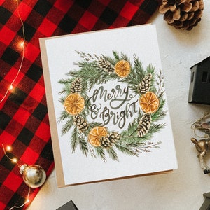 Merry and Bright Card, Christmas Greeting Card, Holiday Card, Holiday Greeting Card, Christmas Wreath, Paper