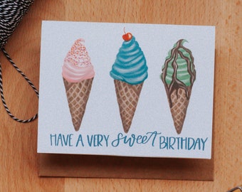 Sweet Birthday Ice cream Card, Ice cream Greeting Card, Birthday Card,  Ice cream Birthday, Waffle Cone Card, Paper Goods, Greeting Cards