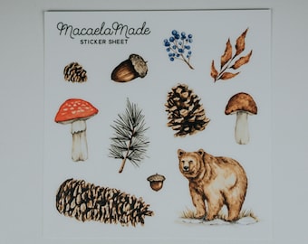 Winter Forest Botanical Sticker Sheet, Pine Cone, Mushroom, Forest, Acorn, Sticker Sheet, Vinyl, Die Cut