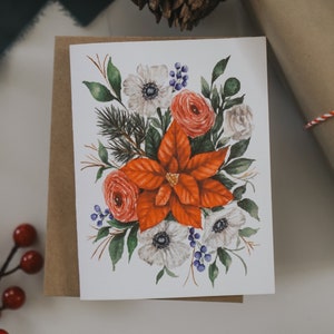 Cartão de buquê de poinsétia, cartão de férias, cartão de Natal, flores de Natal, poinsétia, feriado, aquarela, cartão de felicitações