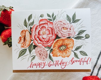 Happy Birthday Beautiful Floral Greeting Card, Birthday Greeting Card, Birthday Flowers, Watercolor Flowers, Paper Goods, Greeting Cards