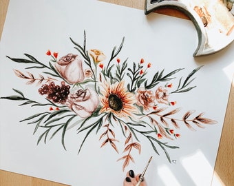Sunflower Rose Watercolor Bouquet Print, Flower Botanical Illustration, Floral Watercolor Print, Botanical Home Decor, Flower Art Print