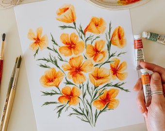 California Poppies Watercolor Print, Flower Botanical Illustration, Poppy Painting, Botanical Home Decor, Floral Wall Art, Spring Decor