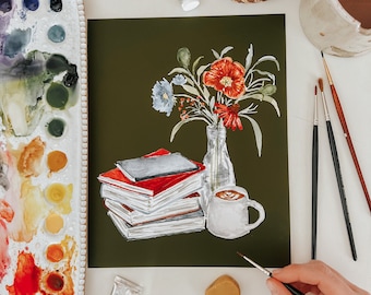 Bücher Blumen Kaffee Aquarell Kunstdruck, Buch Illustration, Buchliebhaber Dekor, Buchliebhaber Dekor, Aquarell, Literarische Kunst Druck