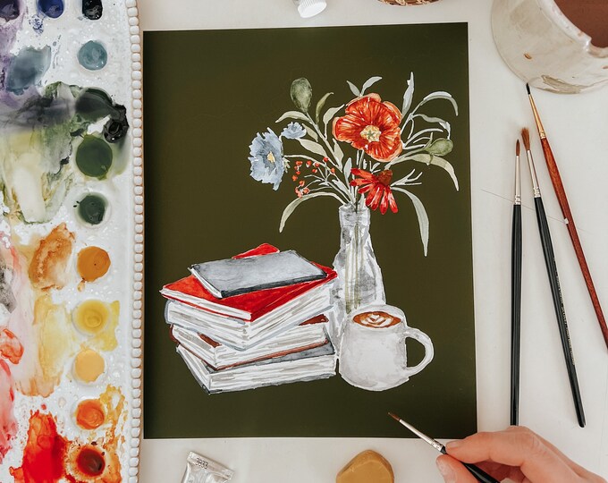 Featured listing image: Books Flowers Coffee Watercolor Art Print