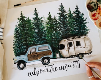 Adventure Awaits Bronco Camper Print, Brocno Illustration, Vintage Camper Illustration, Adventure Home Decor, Forest Art Print