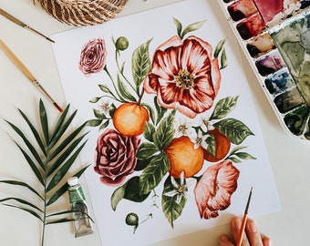 Orange Citrus Floral Bouquet Print, Flower Botanical Illustration, Floral Watercolor Print, Spring Decor, Flower Art Print