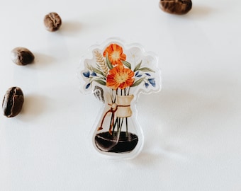 Coffee and Flowers Chemex Acrylic Pin, Coffee and Flowers, Chemex Pin, Coffee Pin, Coffee Illustration, Chemex Illustration